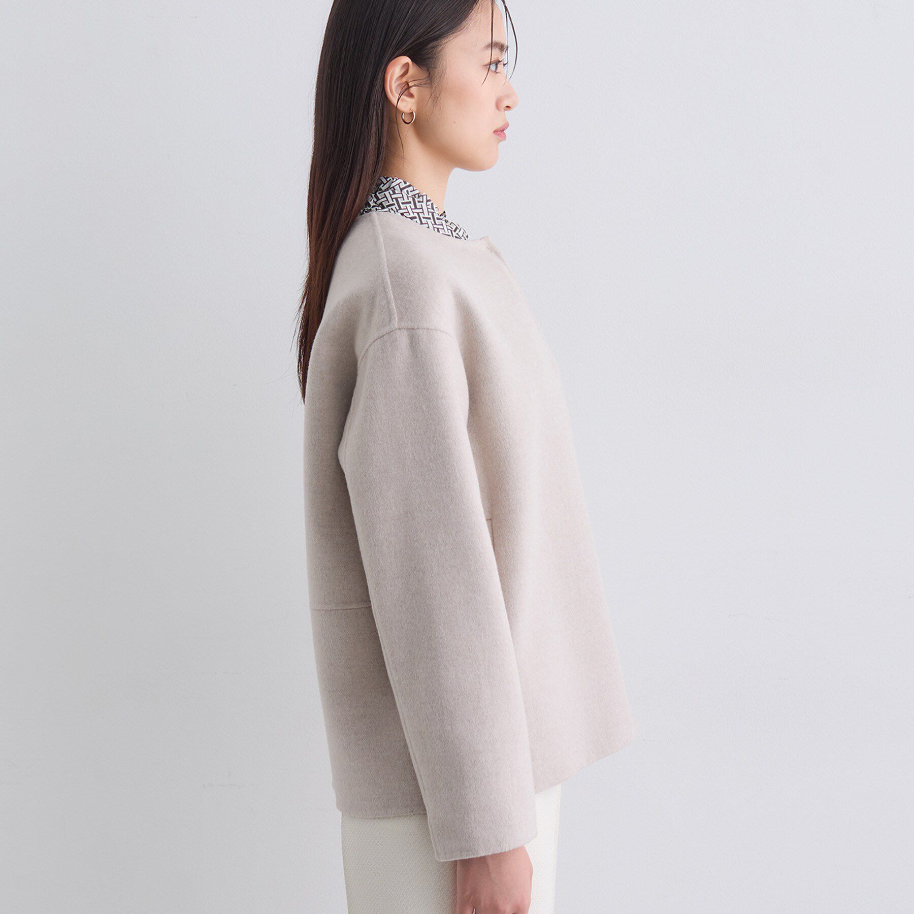 INDIVI「【配色デザイン／ショート丈】ウールリバー ノーカラーコート」|ノーカラーコート|