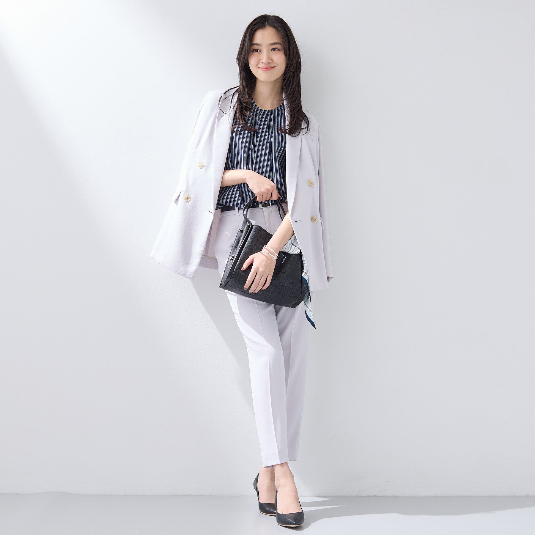 INDIVI「【洗える／UVケア】ストライプ柄＆無地 ボウタイ風 半袖ブラウス」|シャツ・ブラウス|