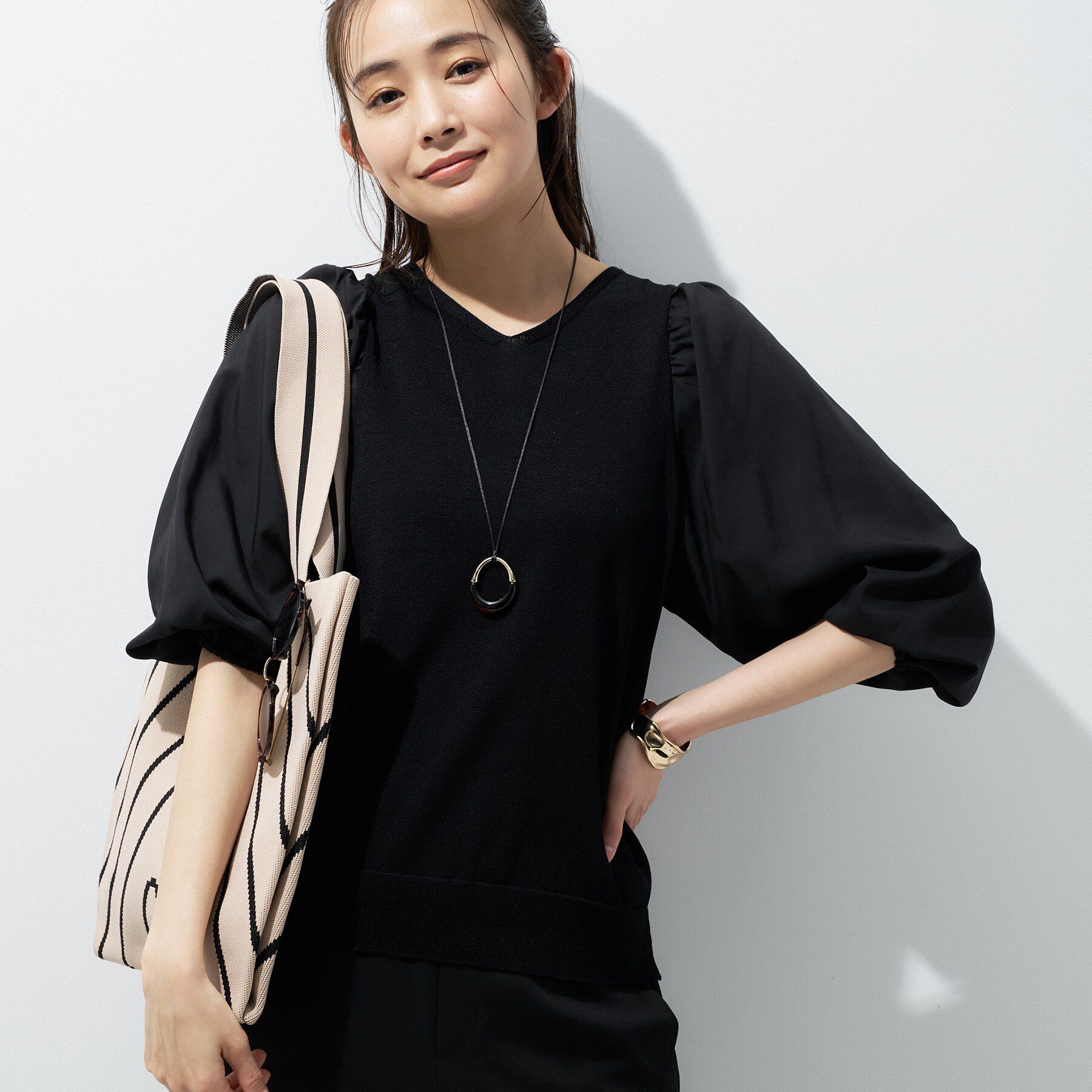 INDIVI「【洗える／袖丈調整可能】シャツコンビニット」|ニット・セーター|ブラック(019)