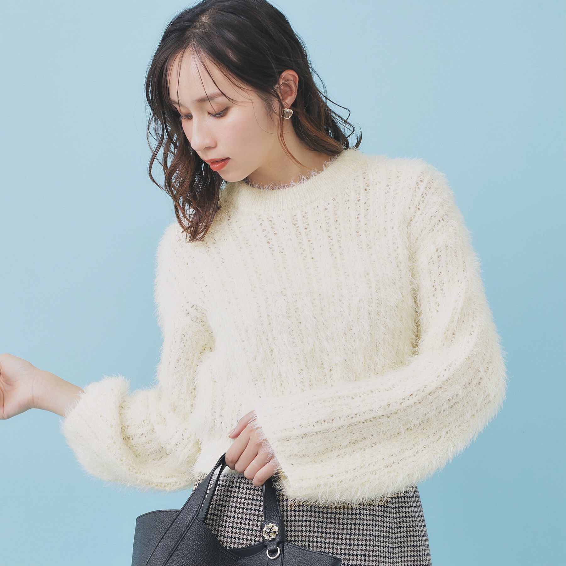 index「透かし編みショートフェザーニット【洗濯機OK】」|ニット・セーター|オフホワイト(003