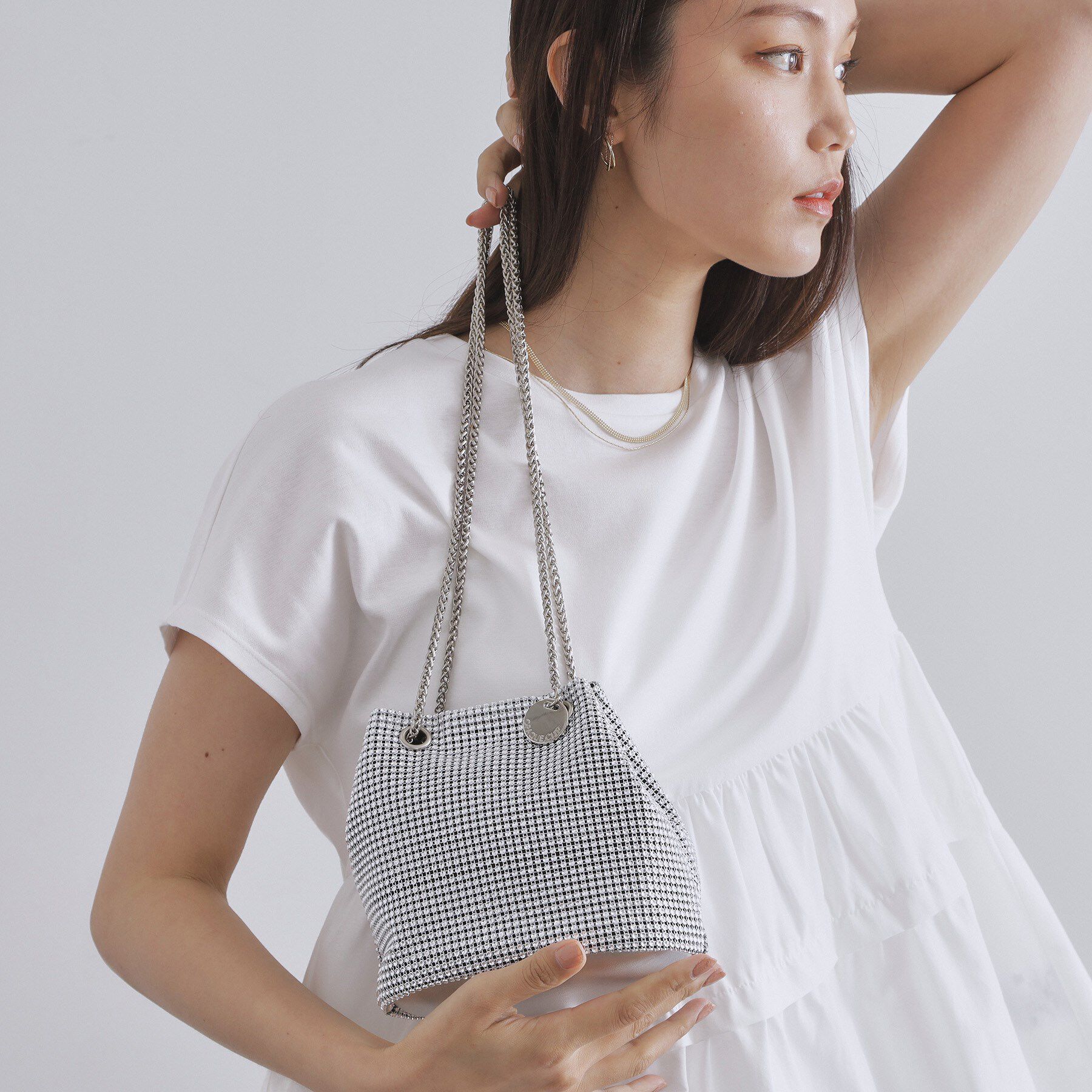 OPAQUE.CLIP「【2WAY】素材アソートシャイニー巾着ミニショルダーバッグ」|ショルダー・メッセンジャー|オフホワイト(103