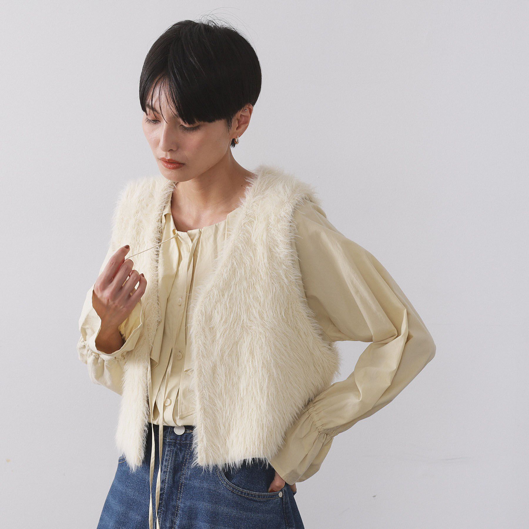 OPAQUE.CLIP「《andGIRL掲載》シャギーニット ショートベスト【洗濯機OK】」|ベスト・ジレ|アイボリー(004)