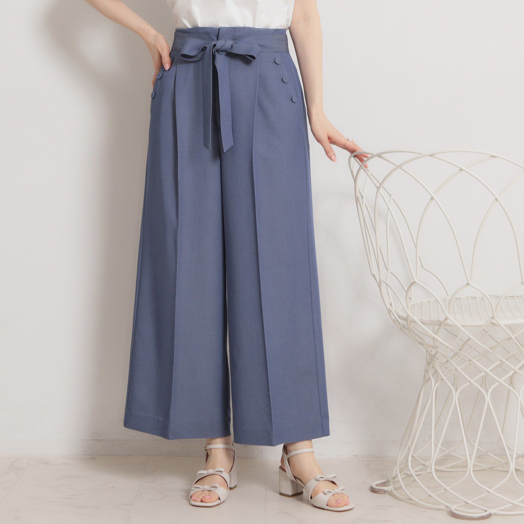 Couture broach「【洗える・S-LL】マリン風アソート釦 シャンブレーワイドパンツ」|その他|ブルー(091)