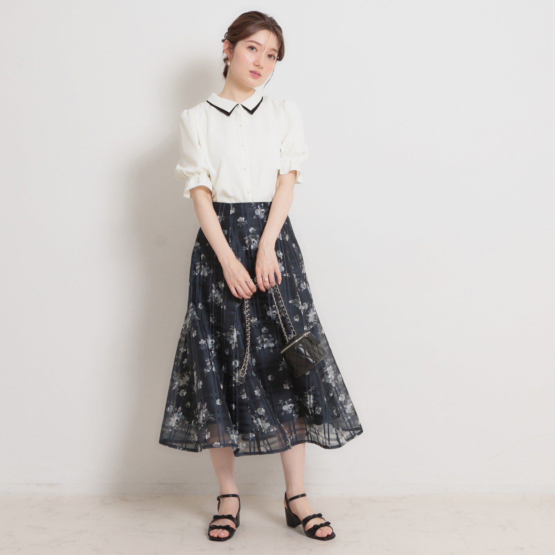 Couture broach「【洗える・着映え】シアーチェック フラワープリント スカート」|スカート|