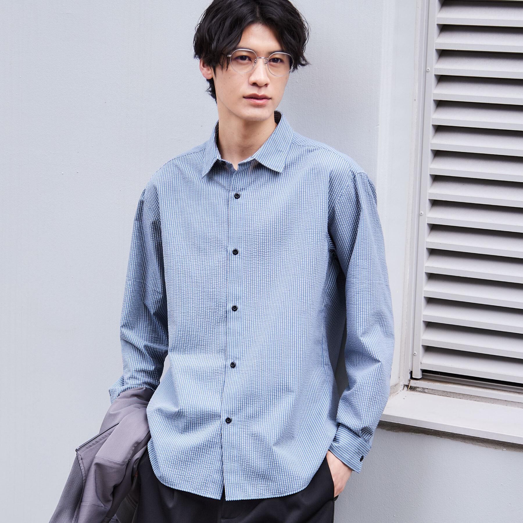 THE SHOP TK「【爽やかで好印象】サッカーストライプシャツ 洗濯機OK」|シャツ・ブラウス|ブルー(393)