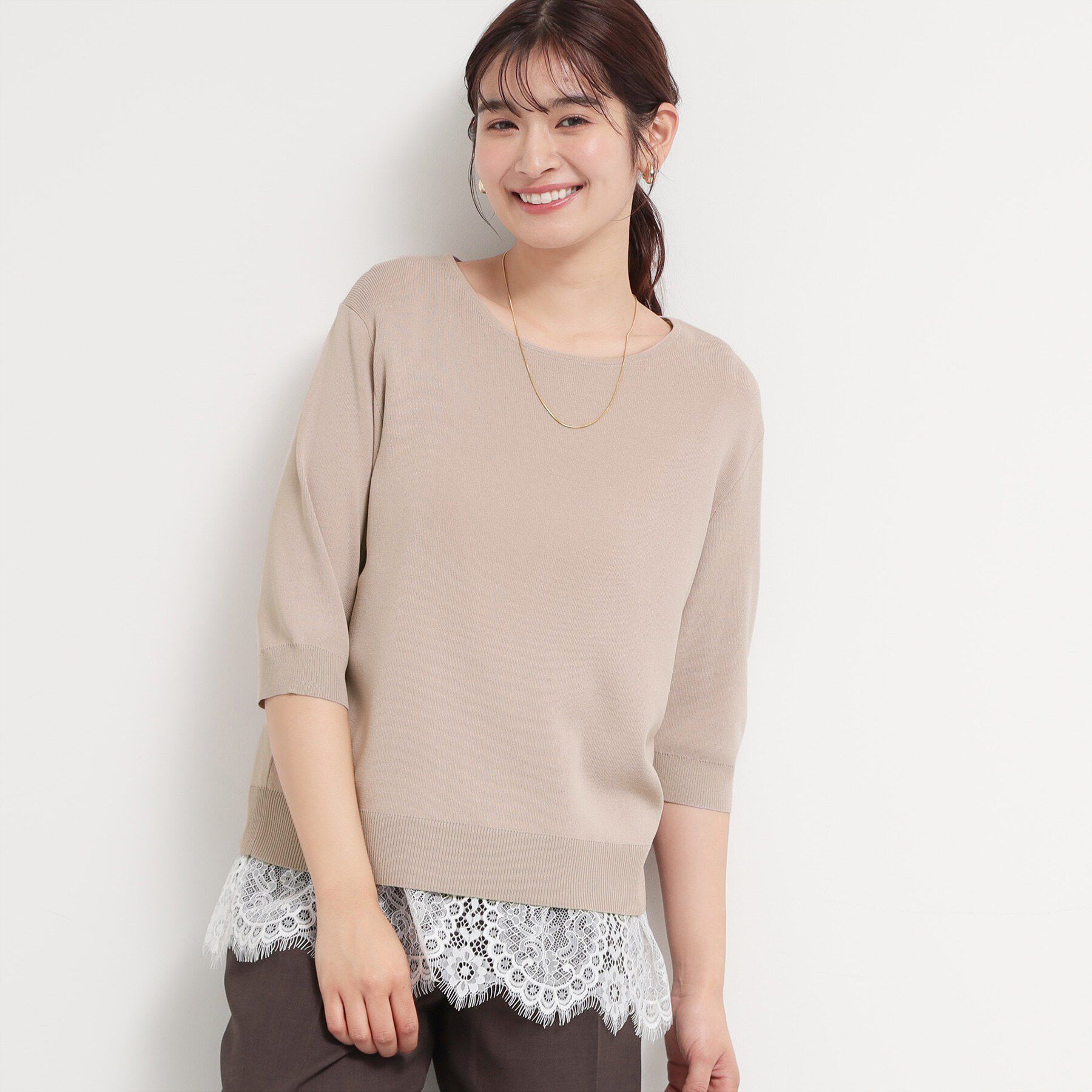 THE SHOP TK「【S-XL/ひんやりタッチ】美しさ際立つ 6分袖ニット 洗濯機OK/UVケア/毛玉になりにくい」|ニット・セーター|ピンクベージュ(05