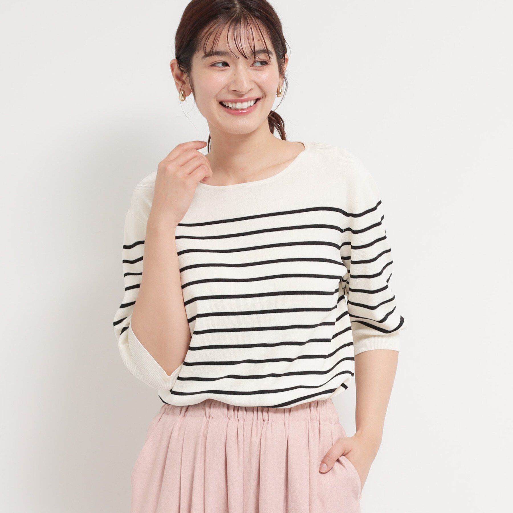 THE SHOP TK「【S-XL/ひんやりタッチ】美しさ際立つ 6分袖ニット 洗濯機OK/UVケア/毛玉になりにくい」|ニット・セーター|アイボリー(304)