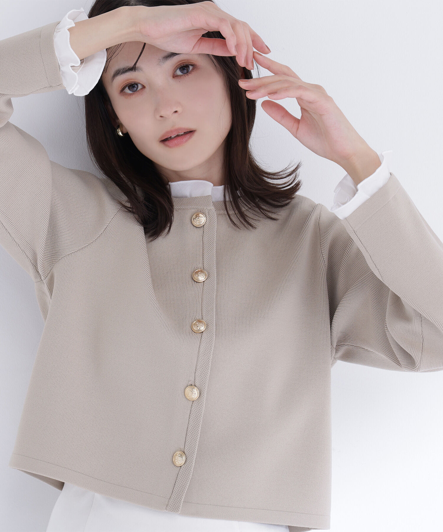  「フリルドッキングニットジャケット」|ニット・セーター|ベージュ