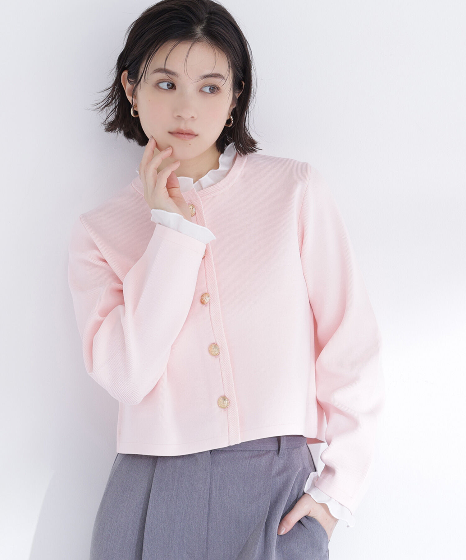  「フリルドッキングニットジャケット」|ニット・セーター|ペールピンク