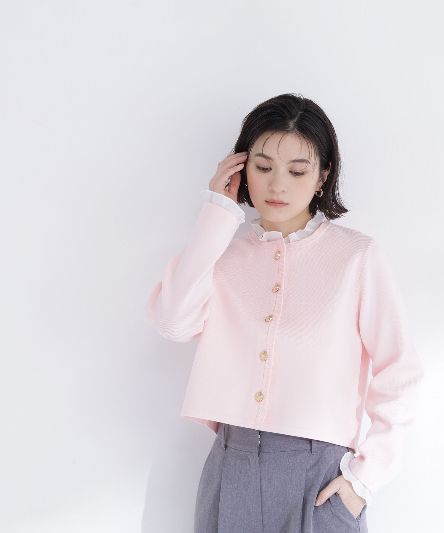  「フリルドッキングニットジャケット」|ニット・セーター|