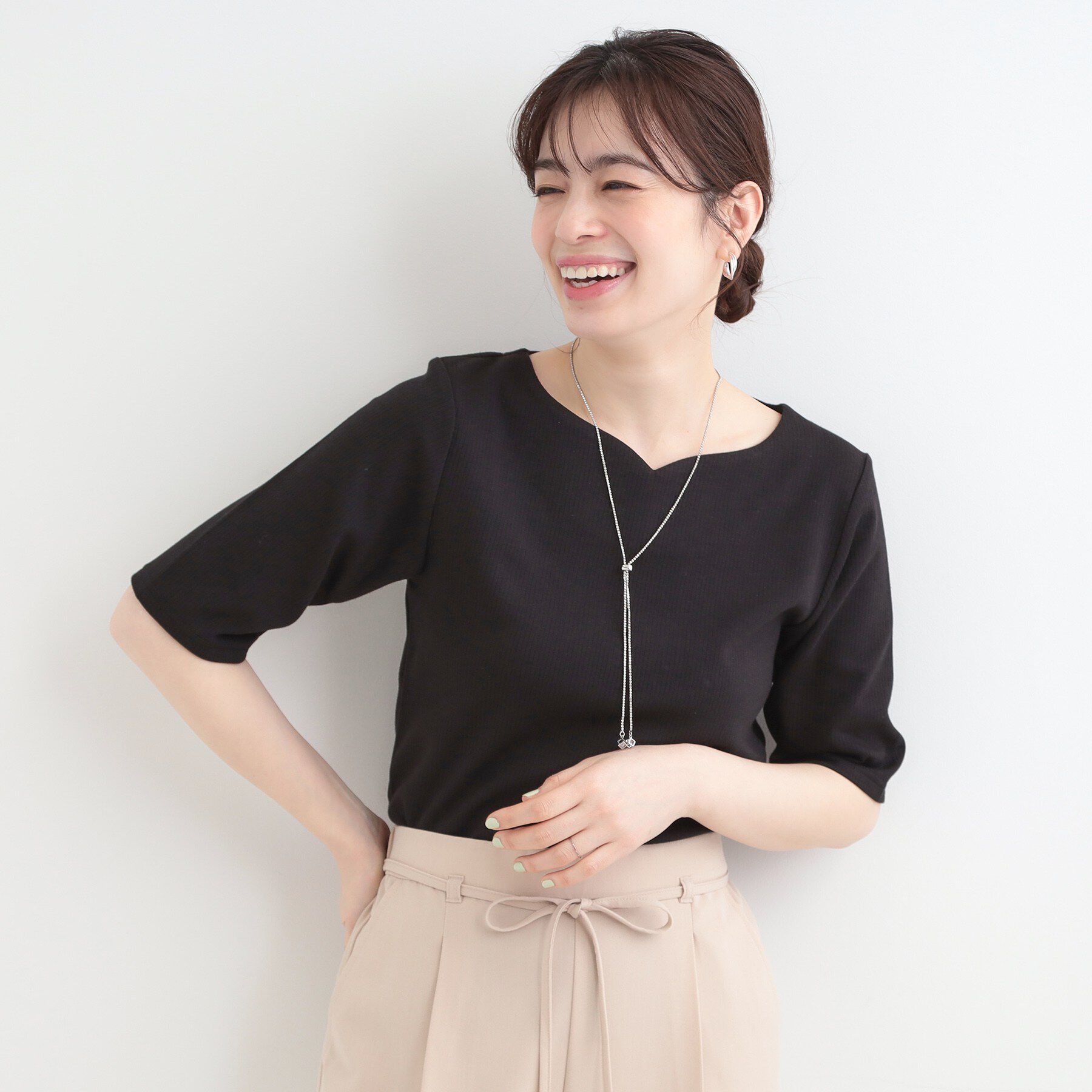 SHOO･LA･RUE「【ネックアソート】裏ひんやりテレコ5分袖トップス」|Tシャツ・カットソー|