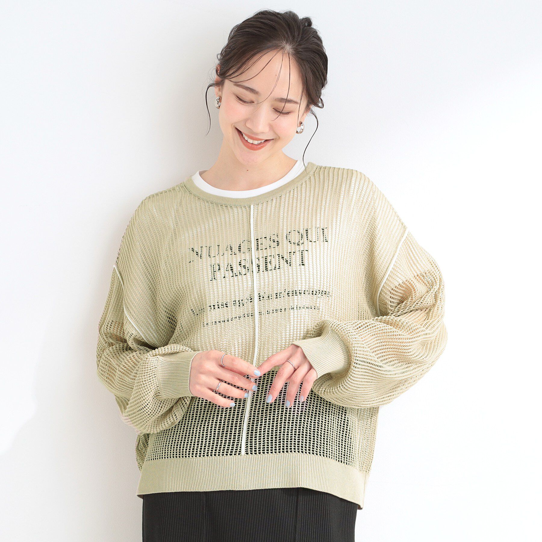 SHOO･LA･RUE「【前後2WAY/2点セット/洗濯機可/S-LL】メッシュリボンニット＆半袖ロゴT」|その他|