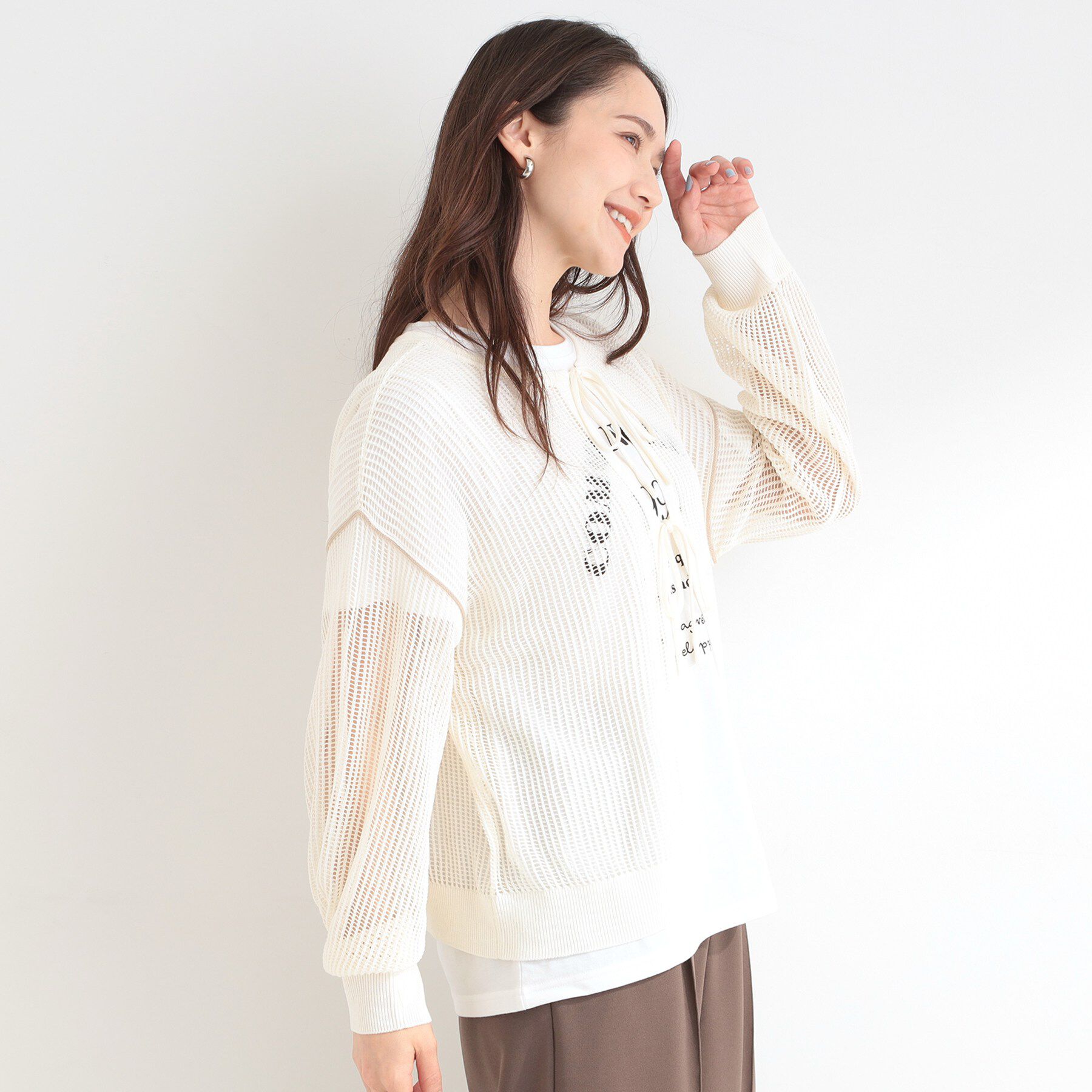 SHOO･LA･RUE「【前後2WAY/2点セット/洗濯機可/S-LL】メッシュリボンニット＆半袖ロゴT」|その他|