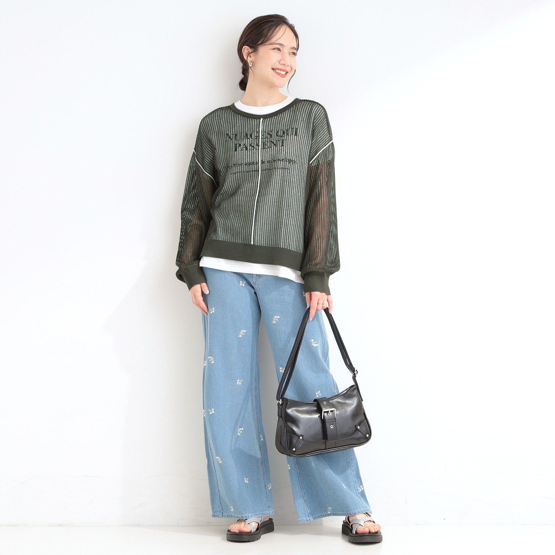 SHOO･LA･RUE「【前後2WAY/2点セット/洗濯機可/S-LL】メッシュリボンニット＆半袖ロゴT」|その他|