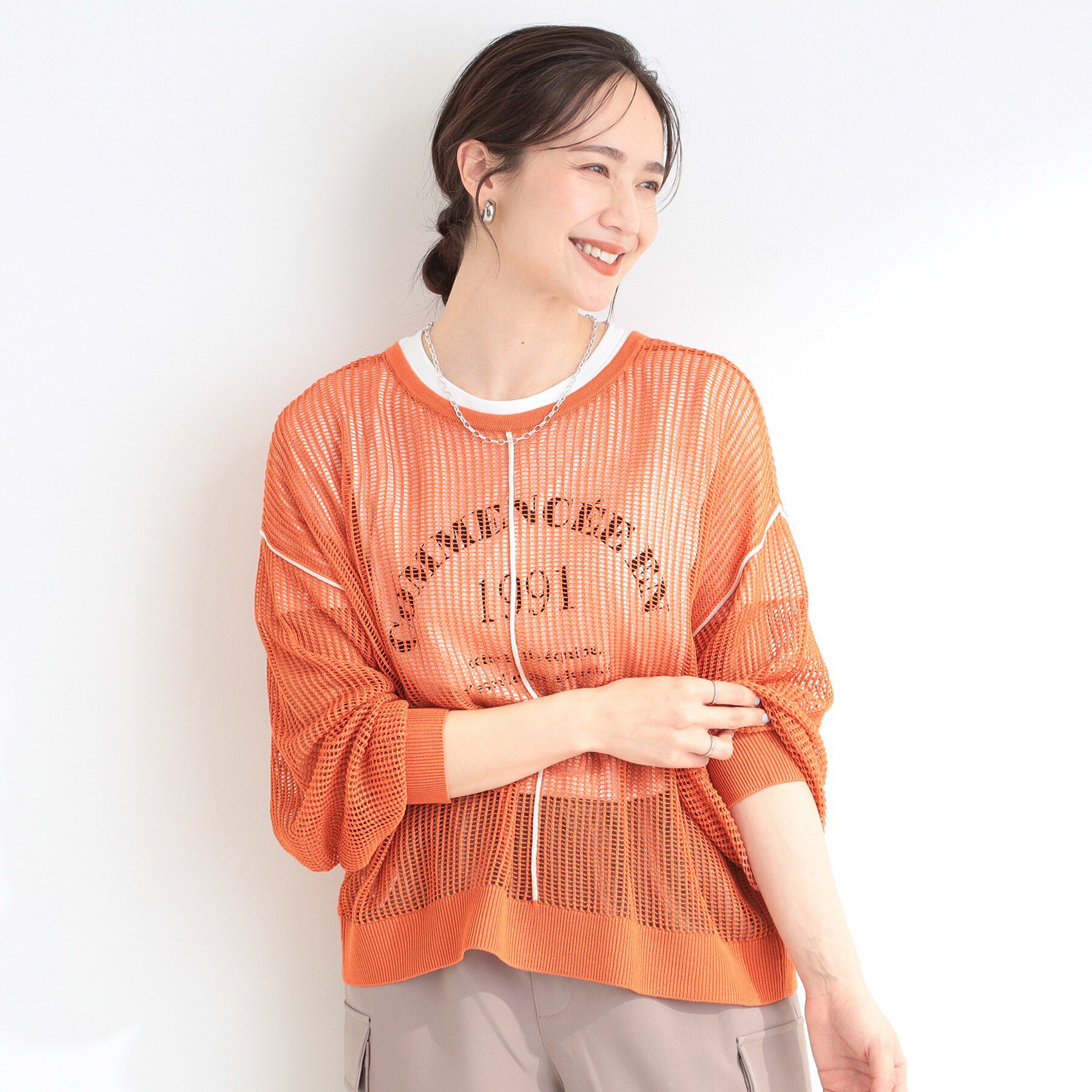 SHOO･LA･RUE「【前後2WAY/2点セット/洗濯機可/S-LL】メッシュリボンニット＆半袖ロゴT」|その他|