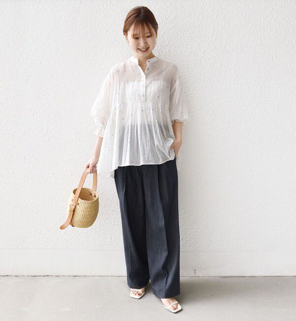 SHIPS for women「《予約》〈手洗い可能〉コットン オーガンジー リーフ 刺繍 袖 フリル ブラウス」|シャツ・ブラウス|