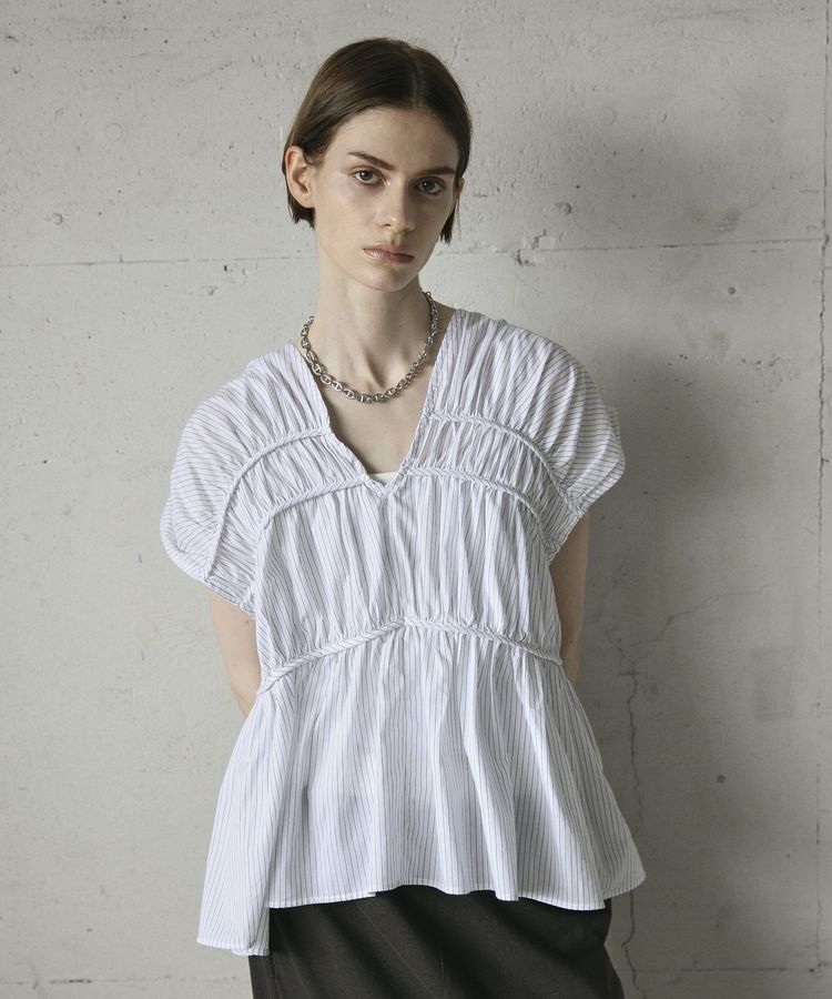 GARAGE OF GOOD CLOTHING「ストライプVネックギャザーブラウス」|シャツ・ブラウス|White