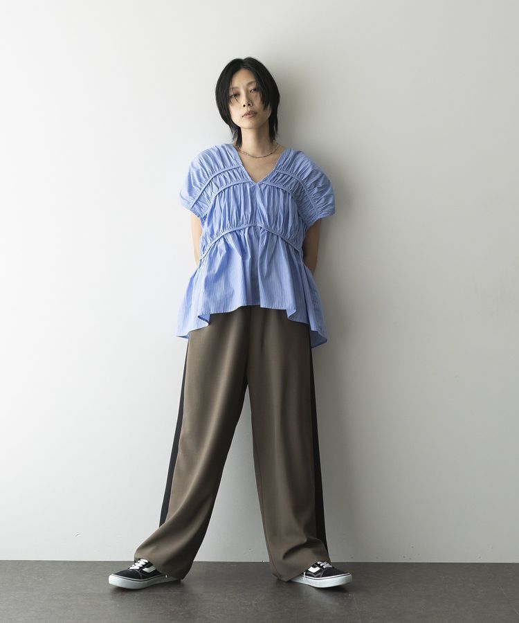 GARAGE OF GOOD CLOTHING「ストライプVネックギャザーブラウス」|シャツ・ブラウス|