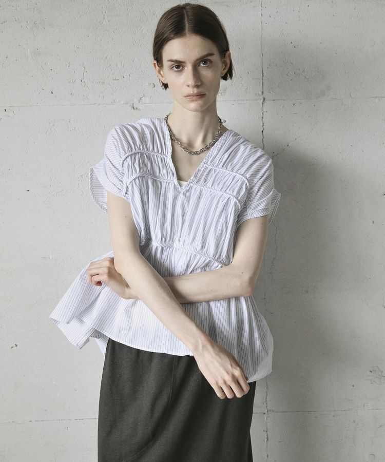 GARAGE OF GOOD CLOTHING「ストライプVネックギャザーブラウス」|シャツ・ブラウス|