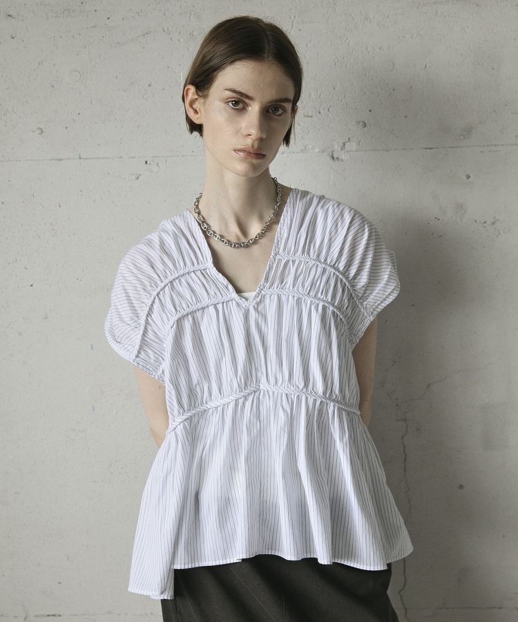 GARAGE OF GOOD CLOTHING「ストライプVネックギャザーブラウス」|シャツ・ブラウス|