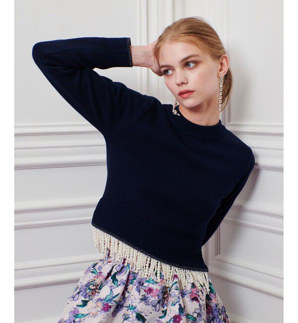 LOULOU WILLOUGHBY「【LOULOU WILLOUGHBY】フェイクパールフリンジフェザープルオーバー」|ニット・セーター|ネイビー