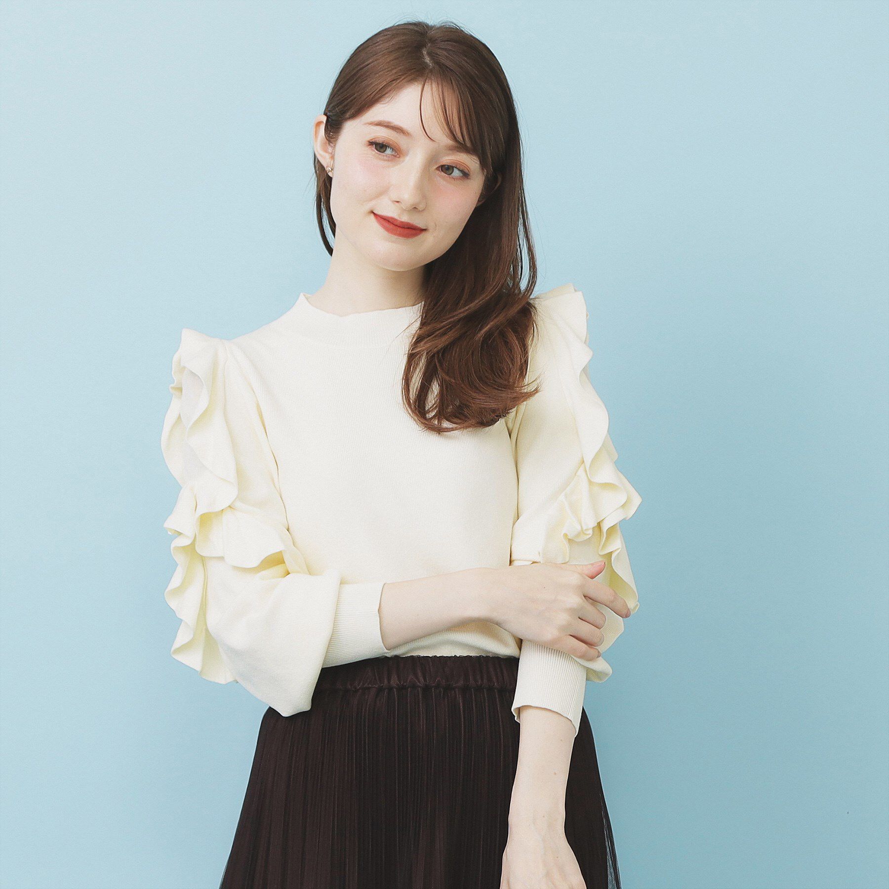 index「ハイネックシアーフリルスリーブニット【洗濯機OK/抗ピル】」|ニット・セーター|オフホワイト(003