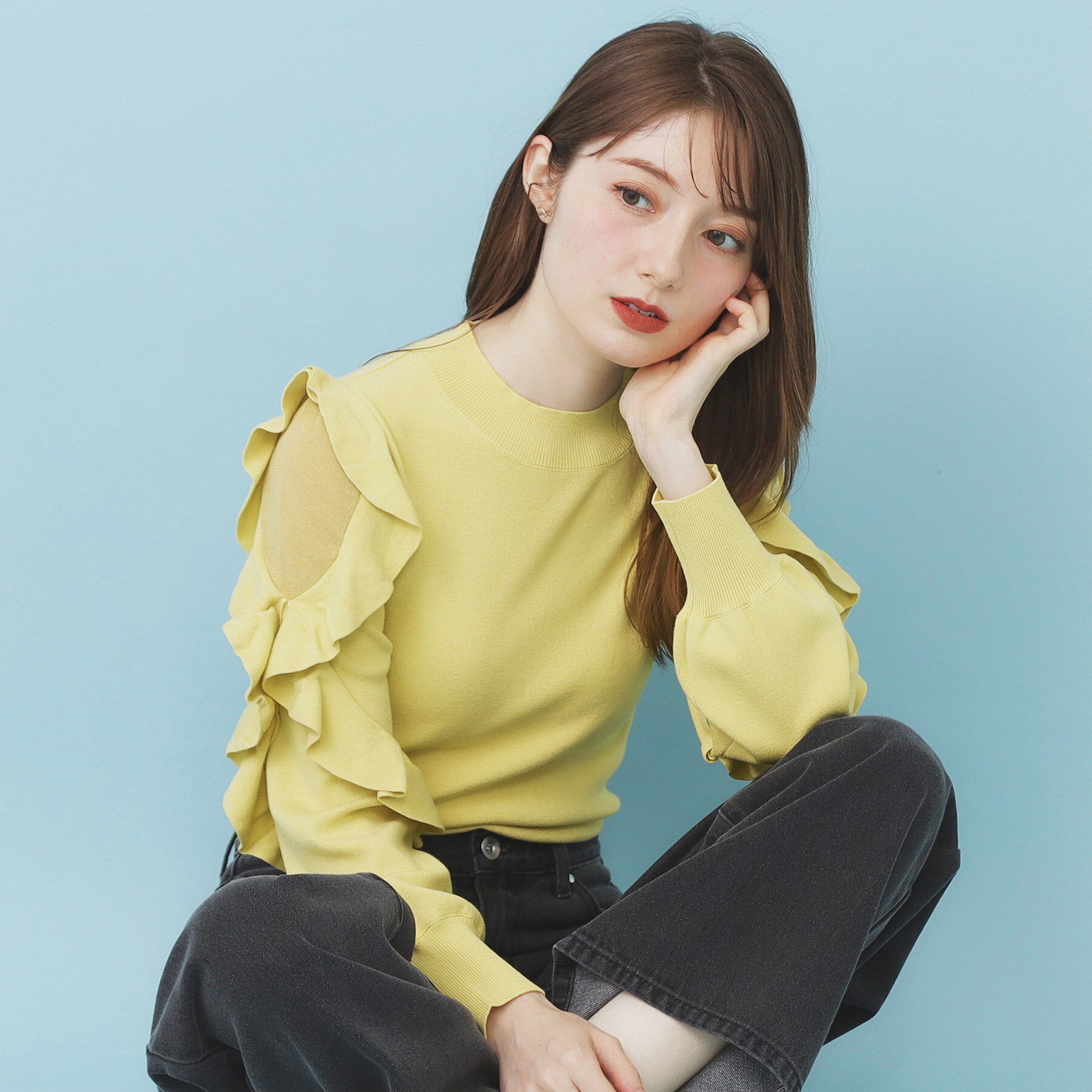index「ハイネックシアーフリルスリーブニット【洗濯機OK/抗ピル】」|ニット・セーター|イエロー(031)
