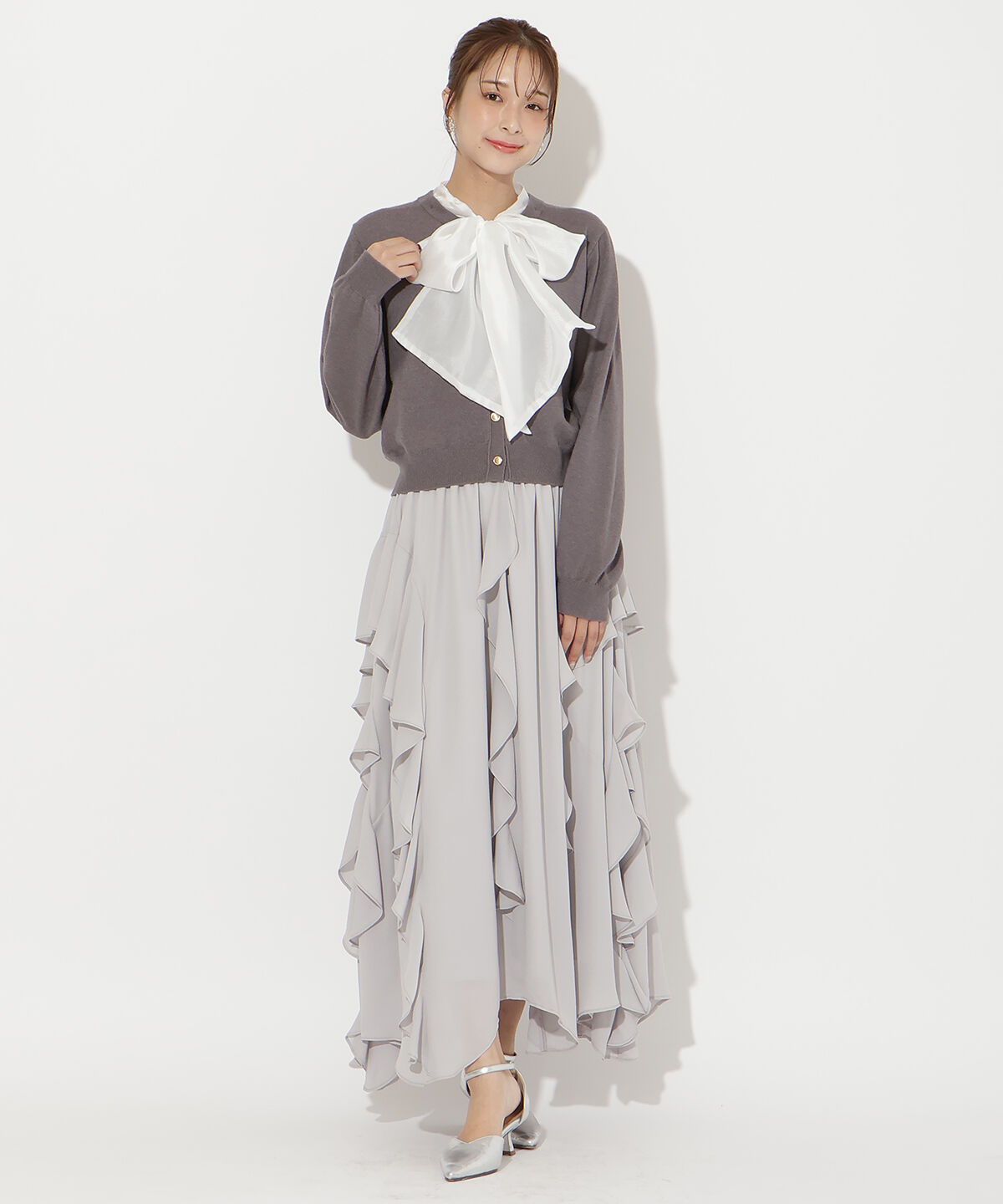 アンドクチュール「異素材リボンニットカーディガン」|カーディガン|