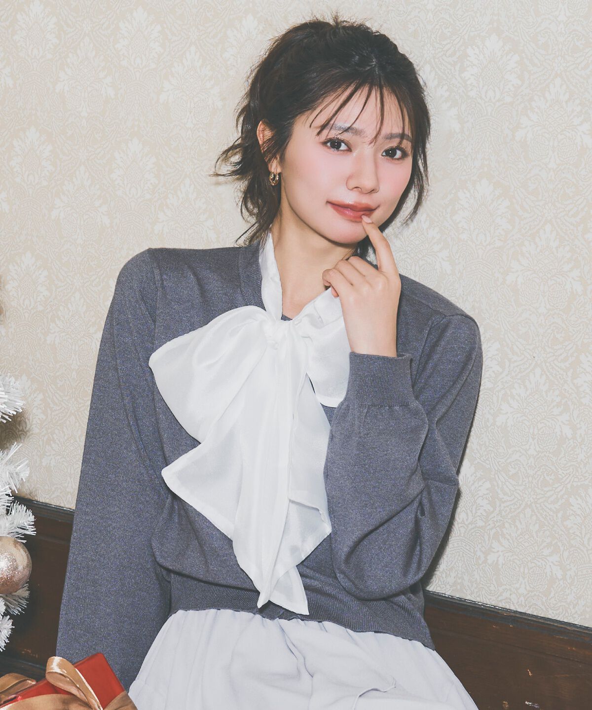 アンドクチュール「異素材リボンニットカーディガン」|カーディガン|