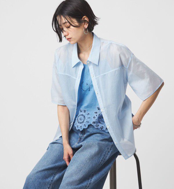 UNITED ARROWS green label relaxing「【結論シリーズ】リボンハイウエストシャツ［size SHORTあり］」|シャツ・ブラウス|LT.BLUE