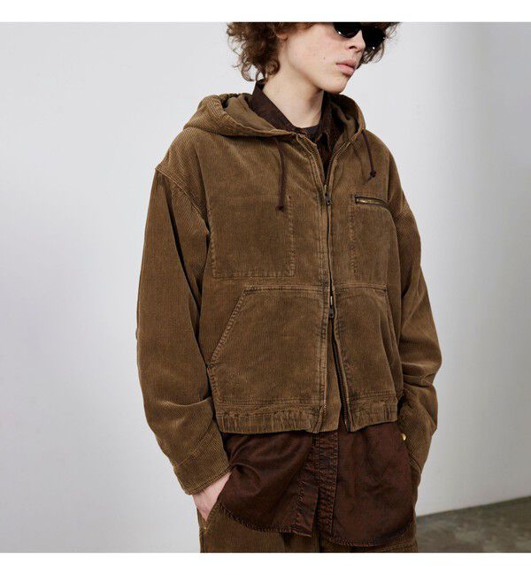 BEAMS「ワイドショートフィット フェード コーデュロイ フーデットブルゾン」|ブルゾン・スタジャン|BROWN