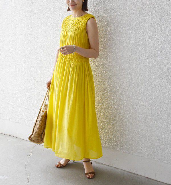 SHIPS any「《一部追加予約》【WEB限定】SHIPS any: ハンドスモッキング  コットン フレア ノースリーブ ワンピース」|ワンピース|