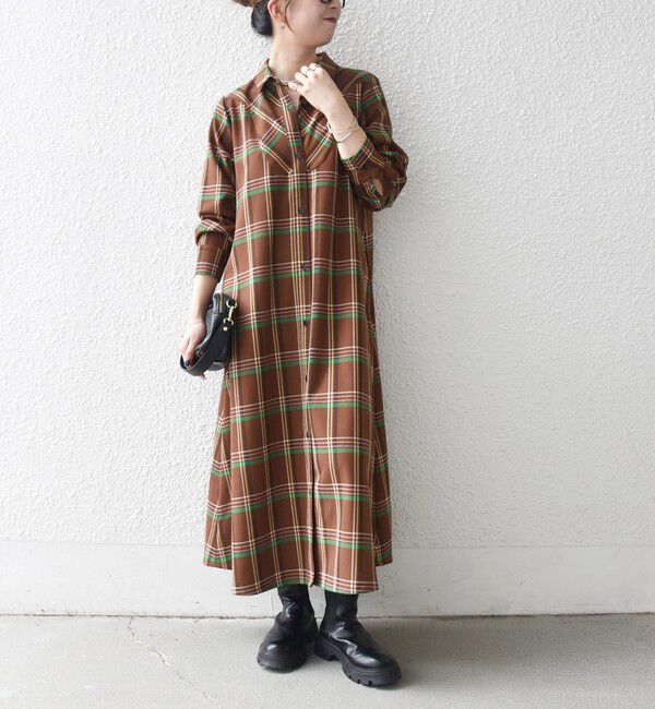 SHIPS any「SHIPS any:〈洗濯機可能〉チェック Aライン フレア シャツ ワンピース」|ワンピース|