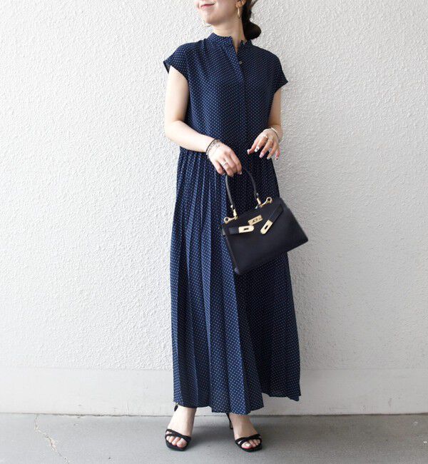 SHIPS any「《予約》SHIPS any:〈手洗い可能〉ドット バンドカラー フレンチ プリーツ ロング ワンピース」|ワンピース|