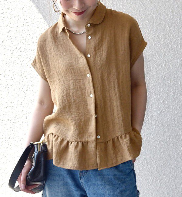 SHIPS any「《予約》SHIPS any:〈洗濯機可能〉カラミ フレンチ スリーブ ペプラム シャツ ブラウス」|シャツ・ブラウス|キャメル