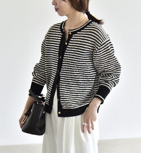 quaranciel「《予約》quaranciel: ボーダー クルーネック メタルボタン ニット カーディガン」|カーディガン|