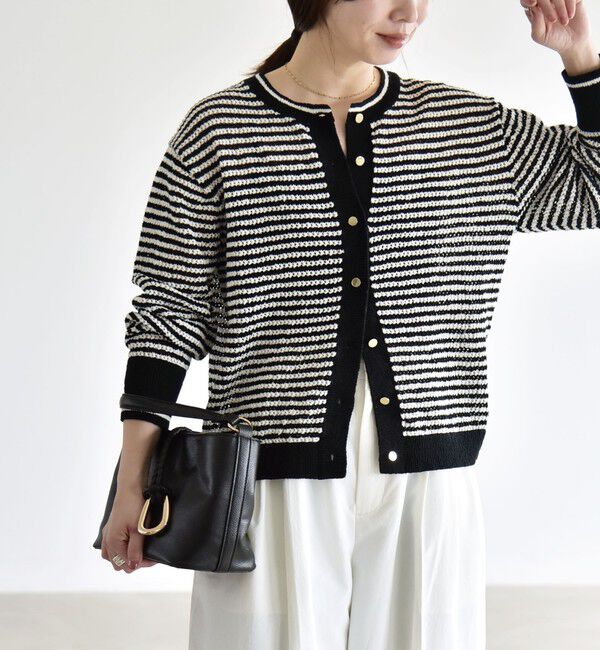 quaranciel「《予約》quaranciel: ボーダー クルーネック メタルボタン ニット カーディガン」|カーディガン|