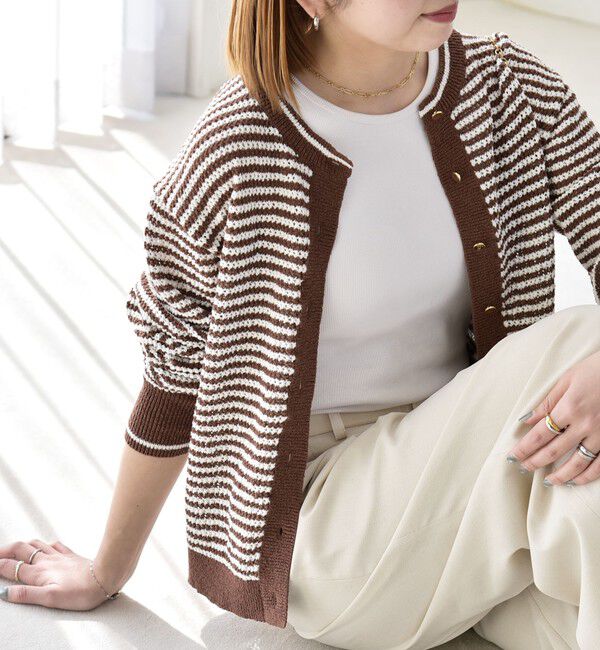 quaranciel「《予約》quaranciel: ボーダー クルーネック メタルボタン ニット カーディガン」|カーディガン|ブラウン