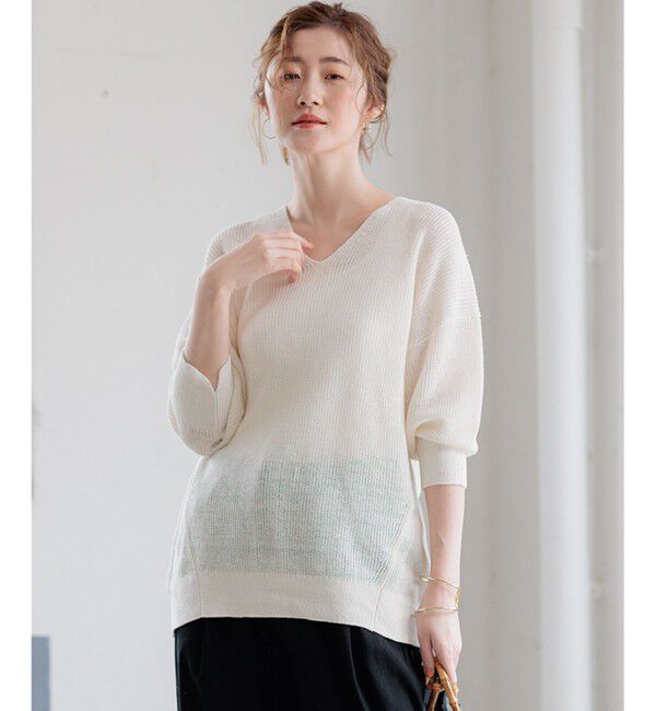 23区「【洗える】ピュアリネン Vネック ニット」|ニット・セーター|アイボリー系