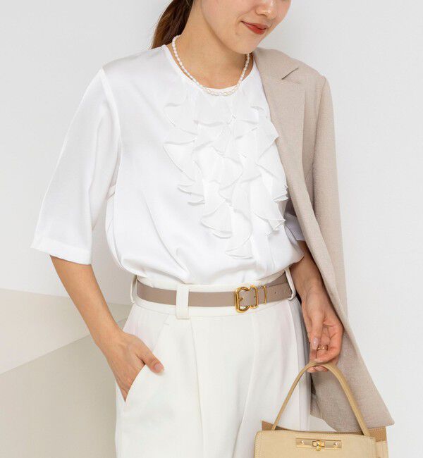 NOLLEY'S「ウォッシャブルオトナサテンラッフルブラウス」|シャツ・ブラウス|ホワイト