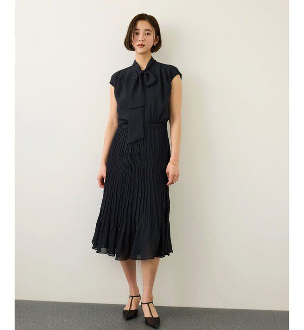 ROPE「ジョーゼットフレンチスリーブプリーツワンピース/26SS」|ワンピース|ネイビー(40)