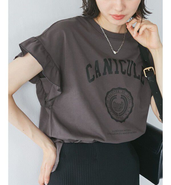 Rope&rsquo;Picnic「袖フリルカレッジロゴTシャツ」|Tシャツ・カットソー|チャコール(06)