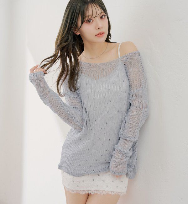  「花柄キャミワンピース+ルーズニットセット」|ワンピース|ブルー