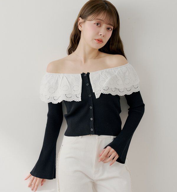  「【SALON by Chico】前後2wayダブルレースフリルオフショルニット」|ニット・セーター|ブラック