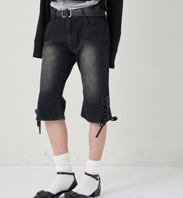  「レースアップデニムカプリパンツ」|デニム|