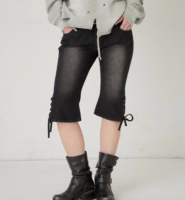  「レースアップデニムカプリパンツ」|デニム|