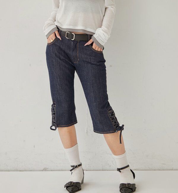 「レースアップデニムカプリパンツ」|デニム|