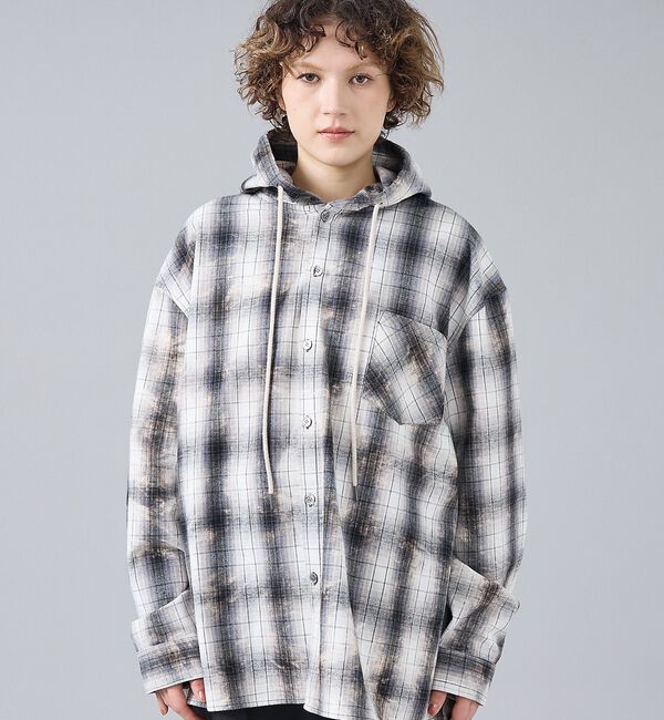 ABAHOUSE「【Revo. / レヴォ】TH-4115 ブリーチ加工 フード チェック長袖シャ」|シャツ・ブラウス|