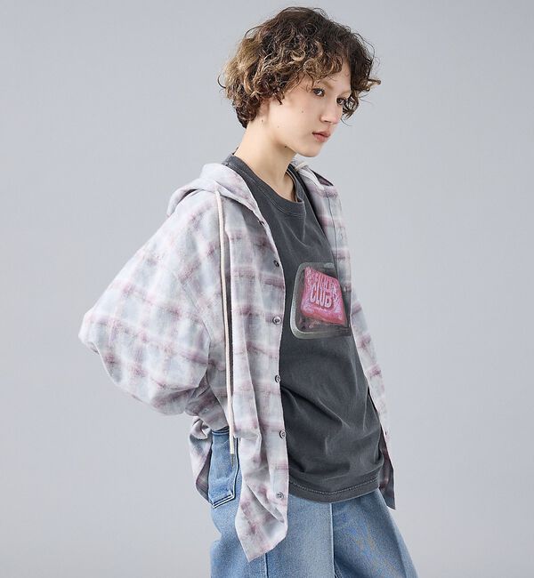 ABAHOUSE「【Revo. / レヴォ】TH-4115 ブリーチ加工 フード チェック長袖シャ」|シャツ・ブラウス|サックスブルー