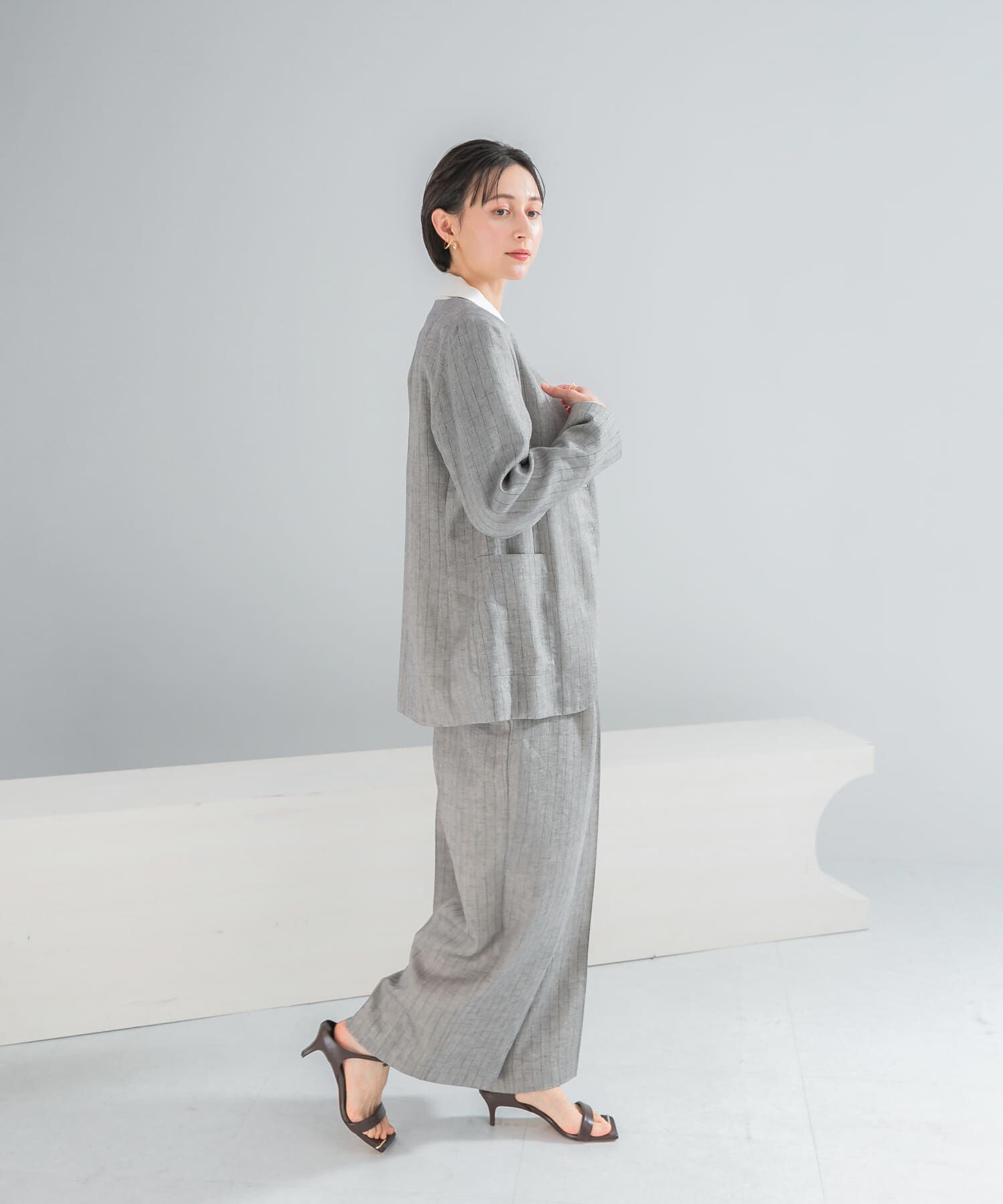 URBAN RESEARCH ROSSO「ラメリネンストライプノーカラージャケット」|ノーカラージャケット|